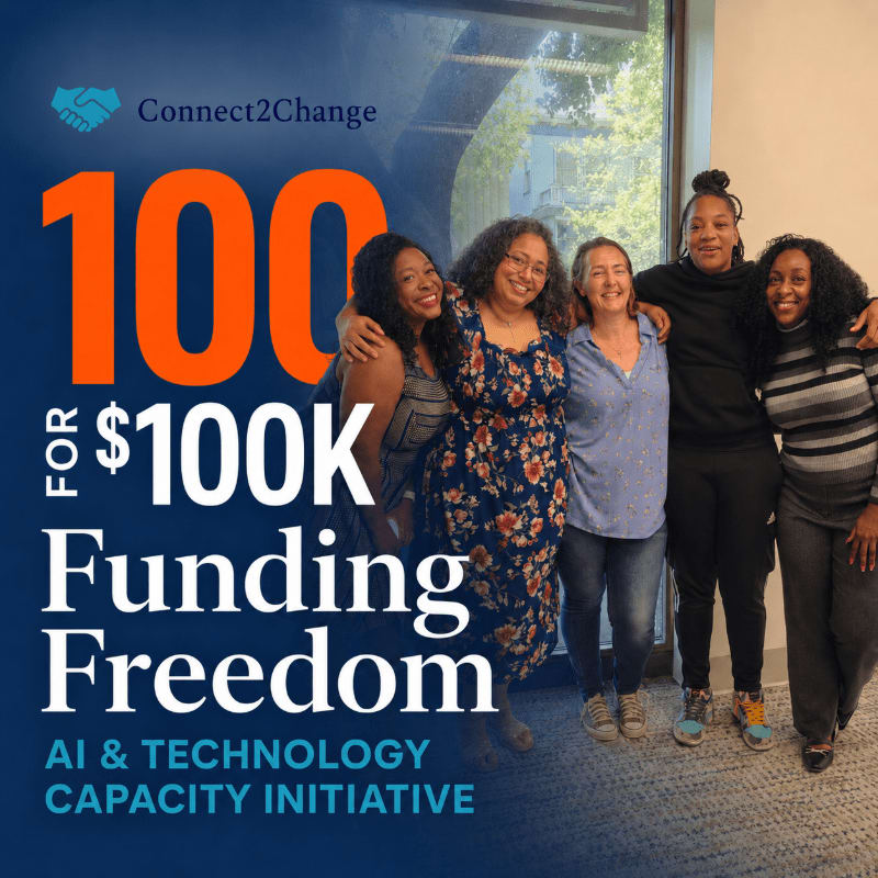 Five women stand arm-in-arm in front of a large window with text overlaying the image announcing "100 for $100K Funding Freedom."