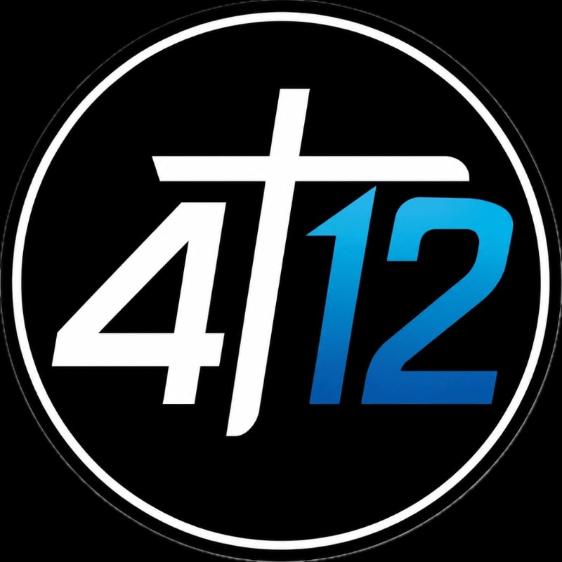 A white cross forms the vertical bar of the number 4, with the number 12 in blue to its right, all enclosed within a black circle with a white outline.