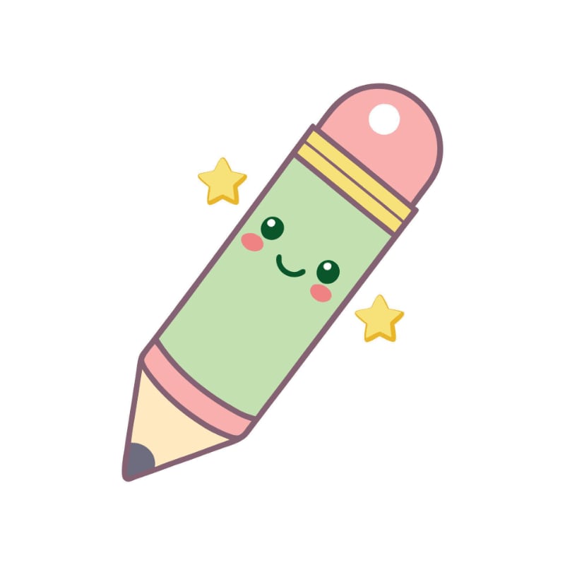 A cute, smiling green pencil with a pink eraser and yellow accents is surrounded by two yellow stars against a white background.