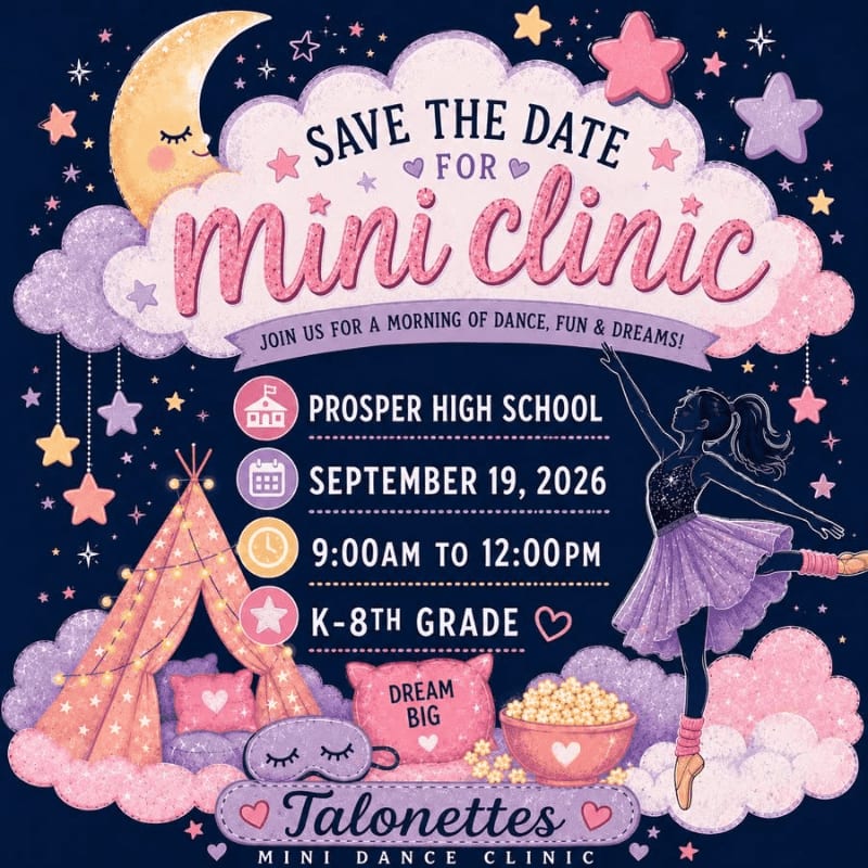 A whimsical invitation for a mini dance clinic features a teepee and sleeping mask in the foreground against a starry night sky with a smiling moon and a dancing ballerina in the background.