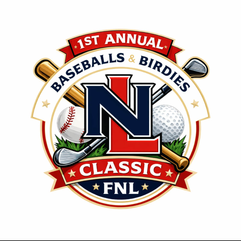 A baseball bat and ball are in the foreground, with golf clubs and a golf ball in the background, all within a circular emblem that reads "1st Annual Baseballs & Birdies Classic FNL".