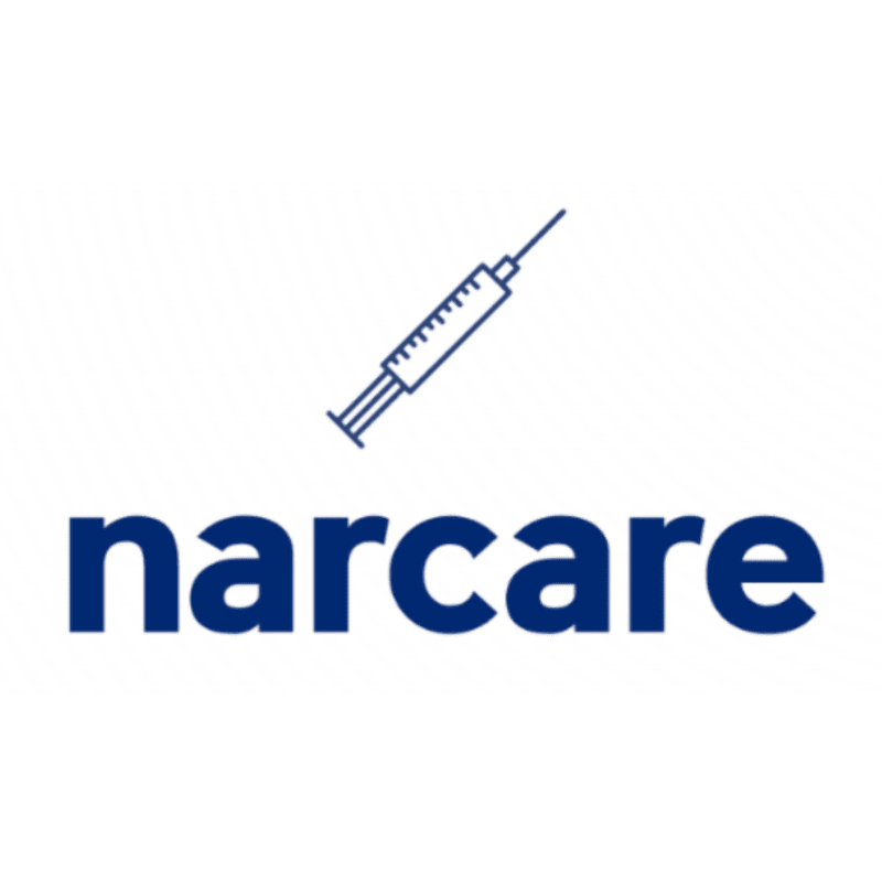 A blue line drawing of a syringe hovers above the bold, dark blue text "narcare" on a white background.