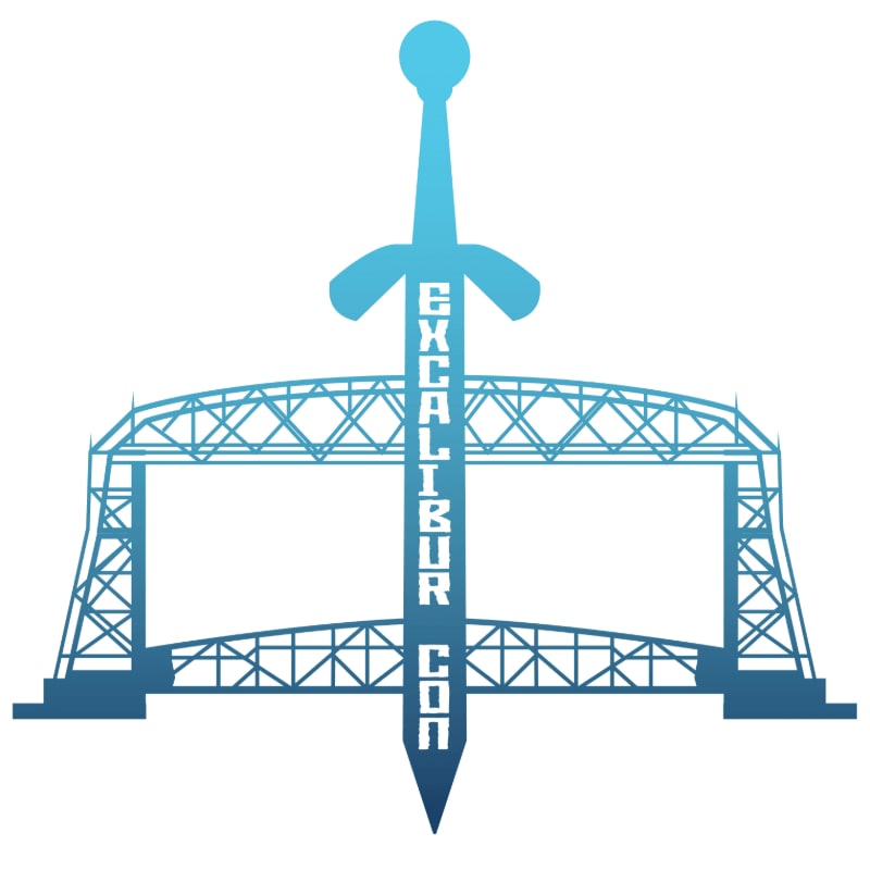 A stylized blue sword with "EXCALIBUR CON" written vertically on its blade stands in front of a blue line drawing of a bridge.