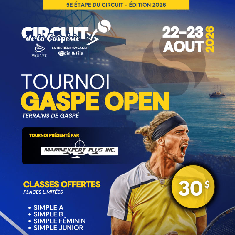 A tennis player with a headband shouts in the foreground, with a scenic coastal landscape and event details in the background.