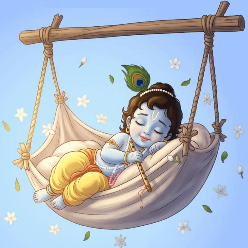 A serene baby Krishna sleeps peacefully in a hammock adorned with a peacock feather, while white flowers and green leaves float in the soft blue background.