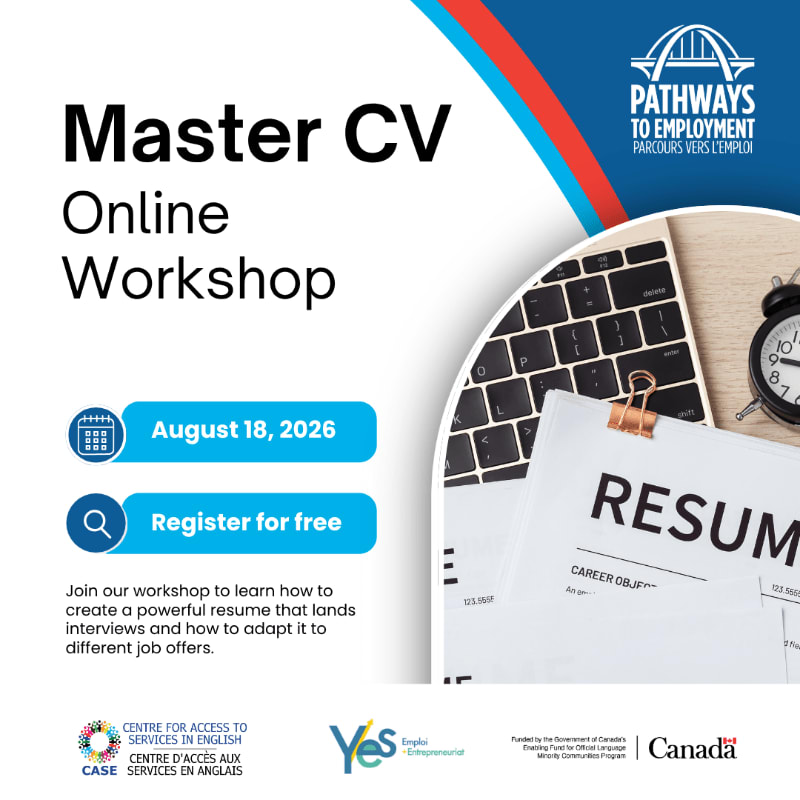 A workshop announcement for a "Master CV Online Workshop" on August 18, 2026, is displayed with a close-up of a resume and a clock in the background.