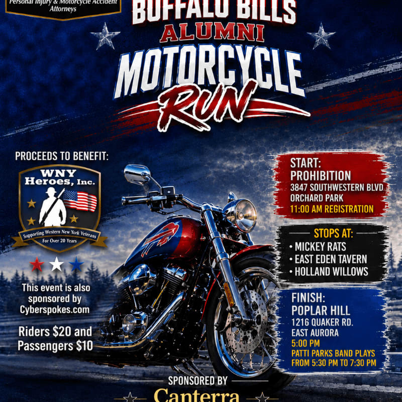A red, white, and blue motorcycle is featured in the foreground of a poster advertising the Buffalo Bills Alumni Motorcycle Run, with event details and sponsors listed in the background.