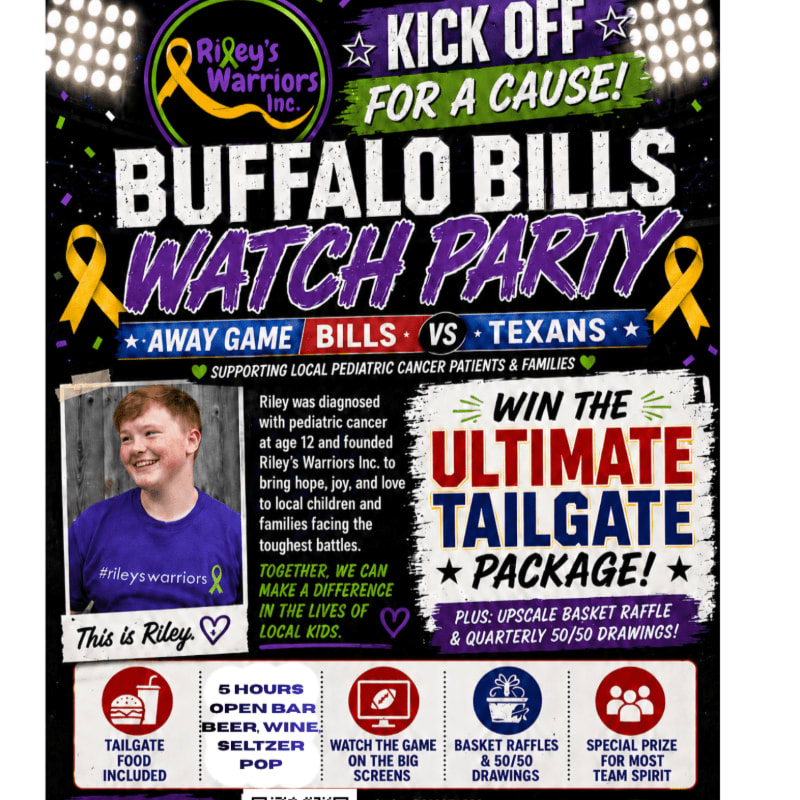 A poster for a Buffalo Bills watch party to support pediatric cancer patients features a photo of a young boy in the foreground and event details against a dark, stadium-like background.