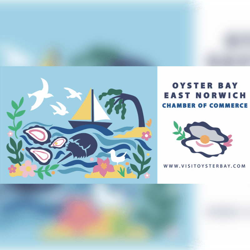 A vibrant illustration of oysters, a horseshoe crab, a sailboat, and birds in the foreground is juxtaposed with the Oyster Bay East Norwich Chamber of Commerce logo and website in the background.