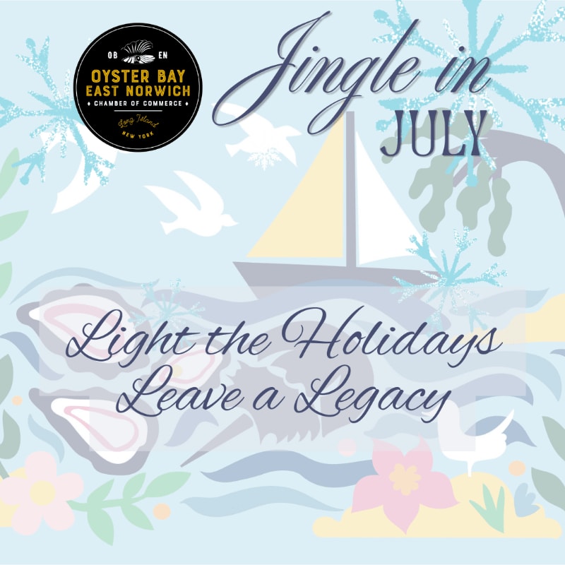 Oysters and flowers are in the foreground, with a sailboat and birds in the background under a "Jingle in July" banner.