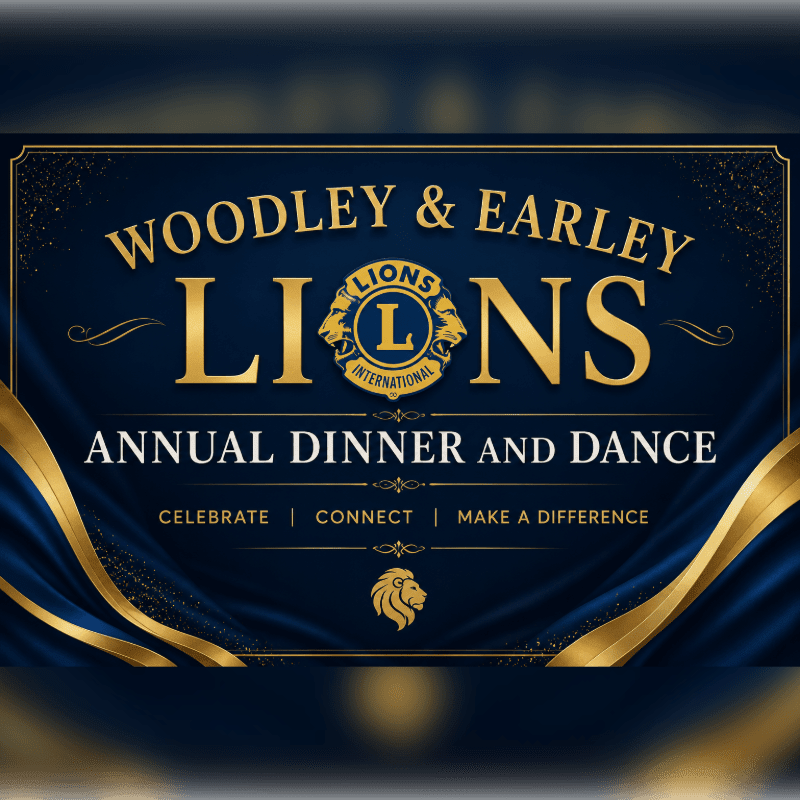 Golden text announcing the "Woodley & Earley Lions Annual Dinner and Dance" is set against a dark blue background draped with luxurious gold and blue satin fabric.