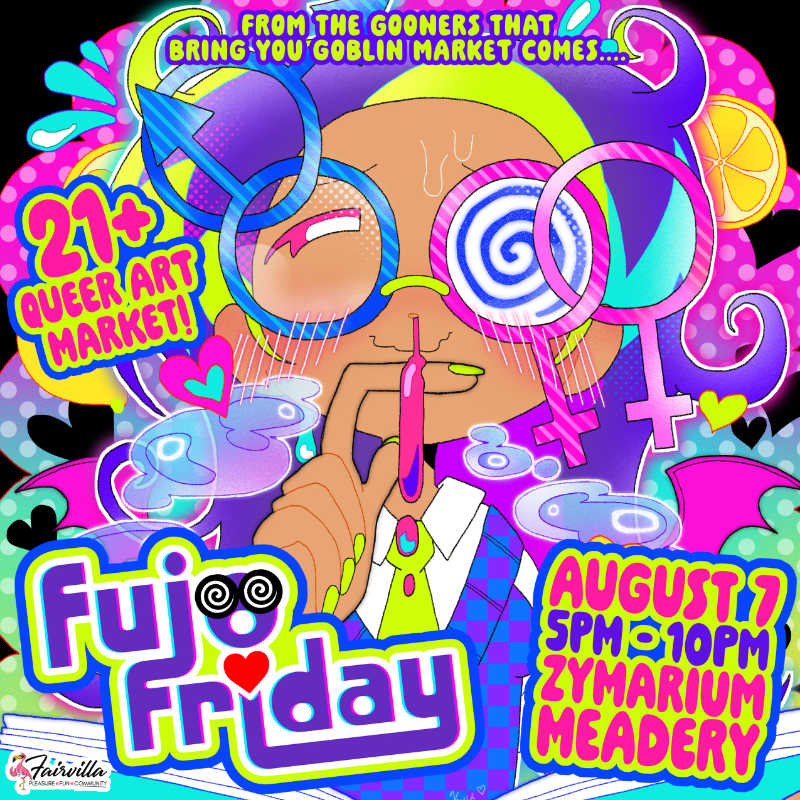 A stylized cartoon character with vibrant hair and glasses, holding a pen, is featured in the foreground against a colorful, abstract background advertising a queer art market.