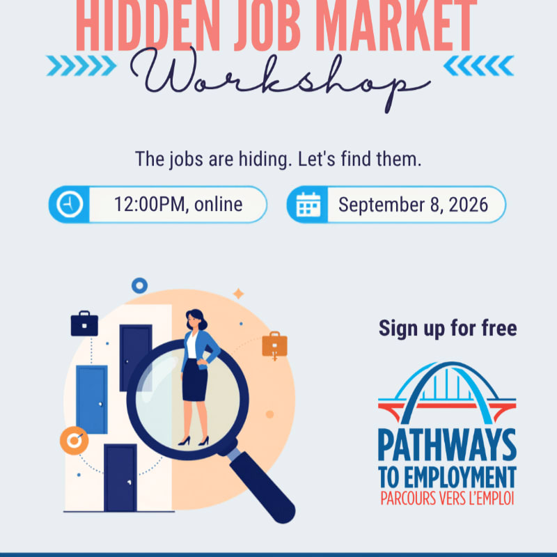 A "Hidden Job Market Workshop" is advertised with a graphic of a woman using a magnifying glass to look at doors, set against a light blue background with event details and a logo.