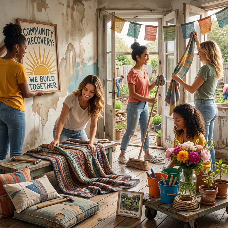 In the foreground, women are arranging a colorful blanket and pillows, while in the background, others are working in a garden and hanging colorful flags.