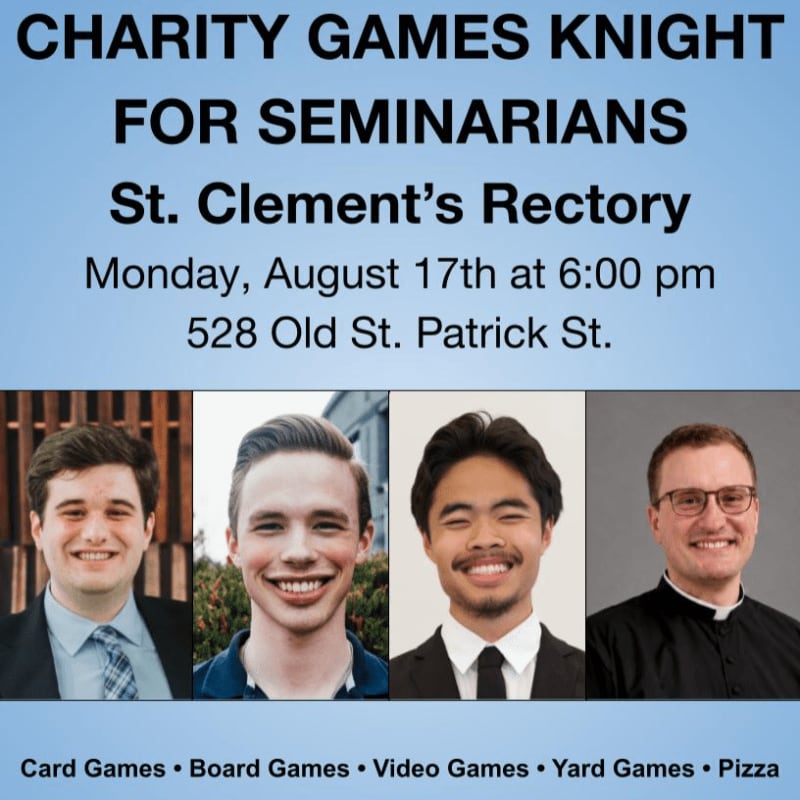 Four smiling seminarians are featured in the foreground against a blue background with event details for a "Charity Games Knight for Seminarians."
