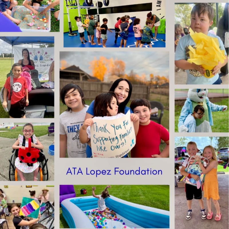 A collage of photos shows children and adults participating in various activities, including a family holding a thank you sign in the foreground and a group of children in a bounce house in the background.