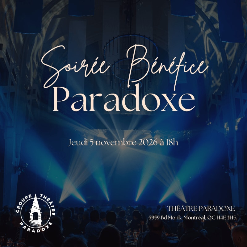 A dimly lit theater audience is illuminated by blue spotlights from the stage, where the text "Soirée Bénéfice Paradoxe" is displayed.