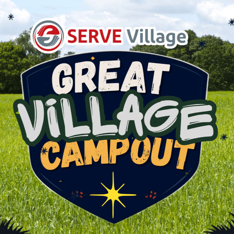 A dark blue shield with "GREAT VILLAGE CAMPOUT" in large, colorful letters is superimposed over a vibrant green grassy field, with trees and a cloudy sky visible in the background.