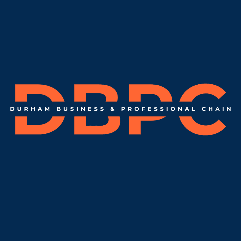 Large orange letters spelling "DBPC" with "DURHAM BUSINESS & PROFESSIONAL CHAIN" written below them are set against a dark blue background.