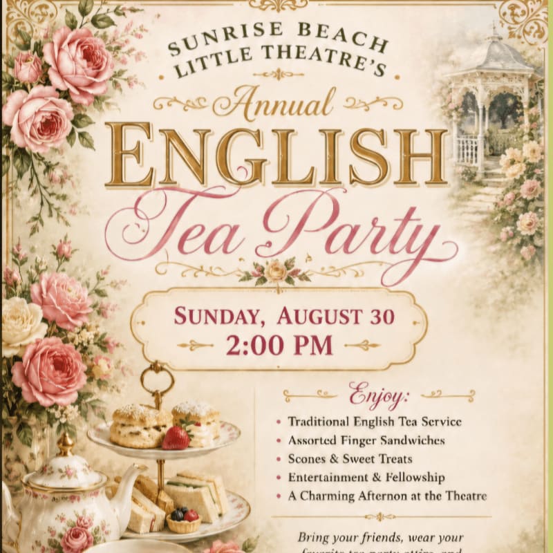 A vintage-style invitation for an English Tea Party features a tiered stand of tea treats in the foreground and a gazebo in a garden in the background.