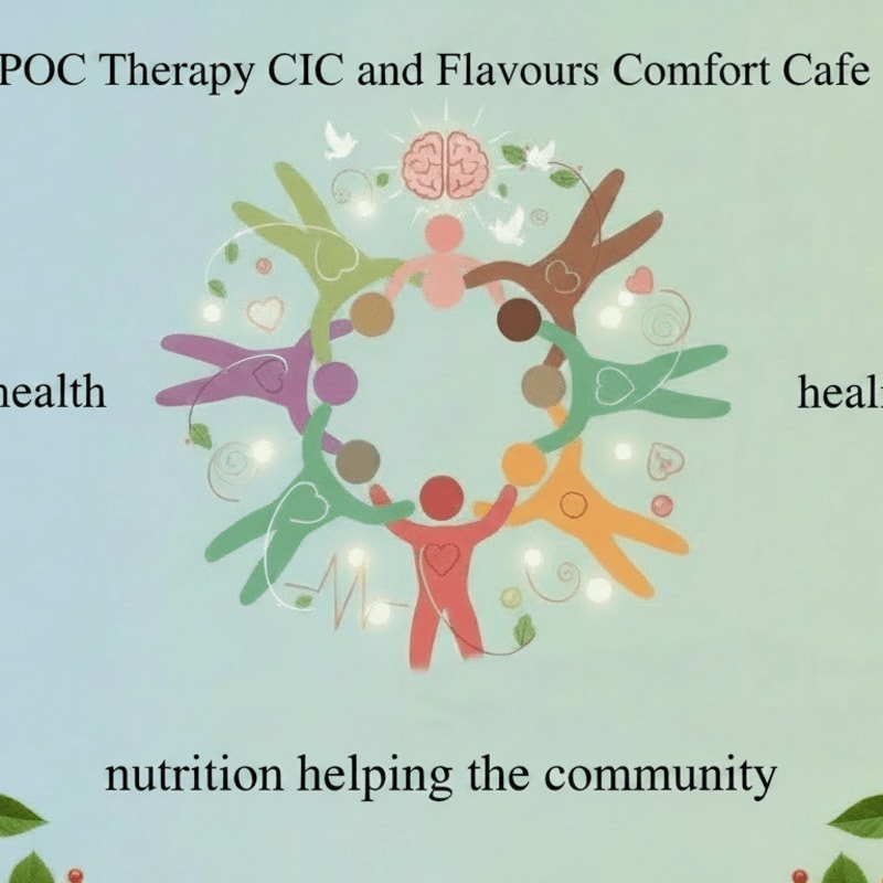 A colorful circle of diverse people holding hands surrounds a brain graphic, with text about "POC Therapy CIC and Flavours Comfort Cafe" and "nutrition helping the community" against a soft gradient background.