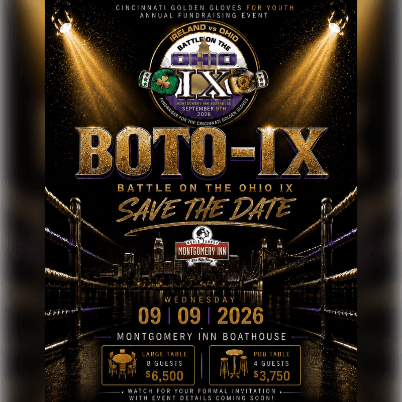 A boxing ring with a city skyline in the background advertises the "BOTO-IX Battle on the Ohio IX" fundraising event.