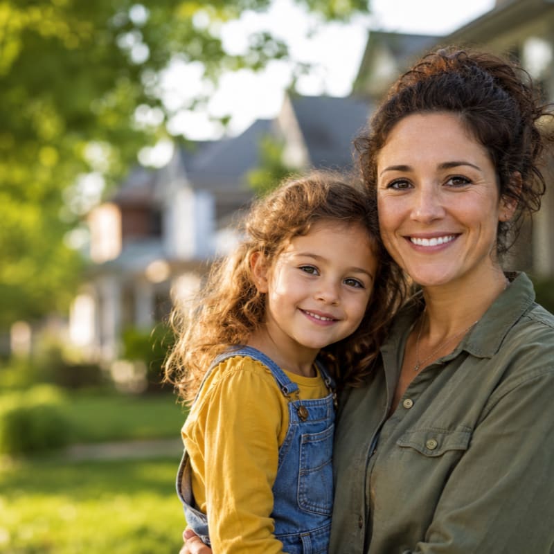 A smiling mother holds her daughter in front of a blurred suburban house.