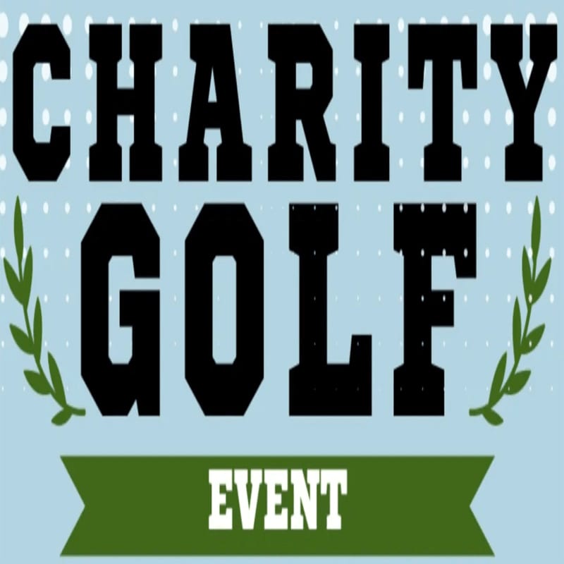 Bold black text spelling "CHARITY GOLF EVENT" is set against a light blue background with a subtle white dot pattern, flanked by green laurel branches.
