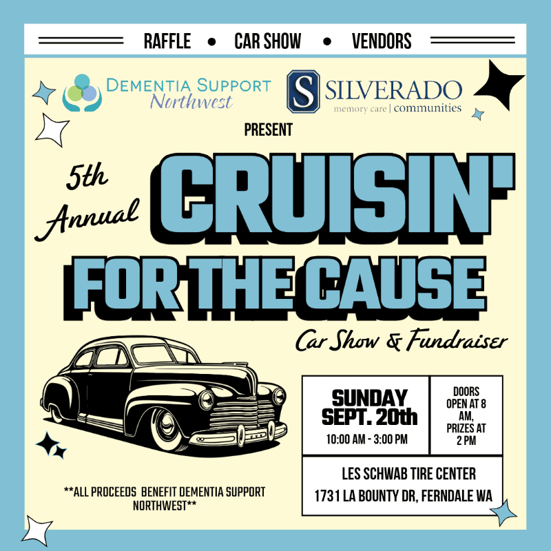 A vintage car is featured in the foreground of a poster advertising the 5th Annual Cruisin' for the Cause Car Show & Fundraiser, with event details and sponsor logos in the background.