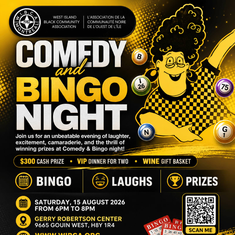 A vibrant poster advertises a "Comedy and Bingo Night" with a cartoon character and bingo balls in the foreground, set against a yellow and black background with event details.