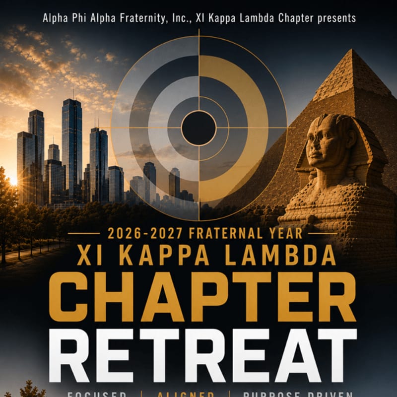 A cityscape and the Great Sphinx are superimposed with a target graphic and text announcing the "XI Kappa Lambda Chapter Retreat" for the 2026-2027 fraternal year.