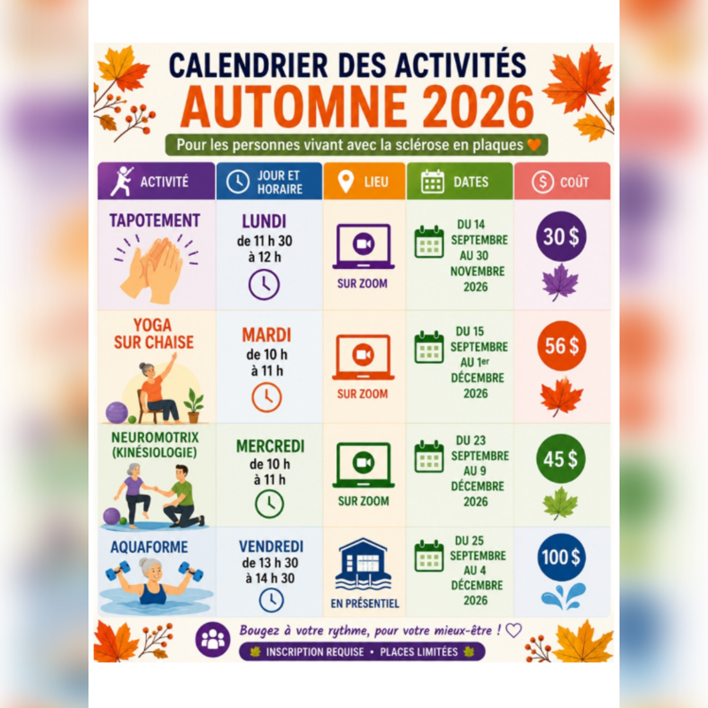 A colorful fall-themed calendar for autumn 2026 activities for people with multiple sclerosis is displayed, featuring various exercises like tapping, chair yoga, neuromotricity, and aquaform, with details on dates, times, locations, and costs.