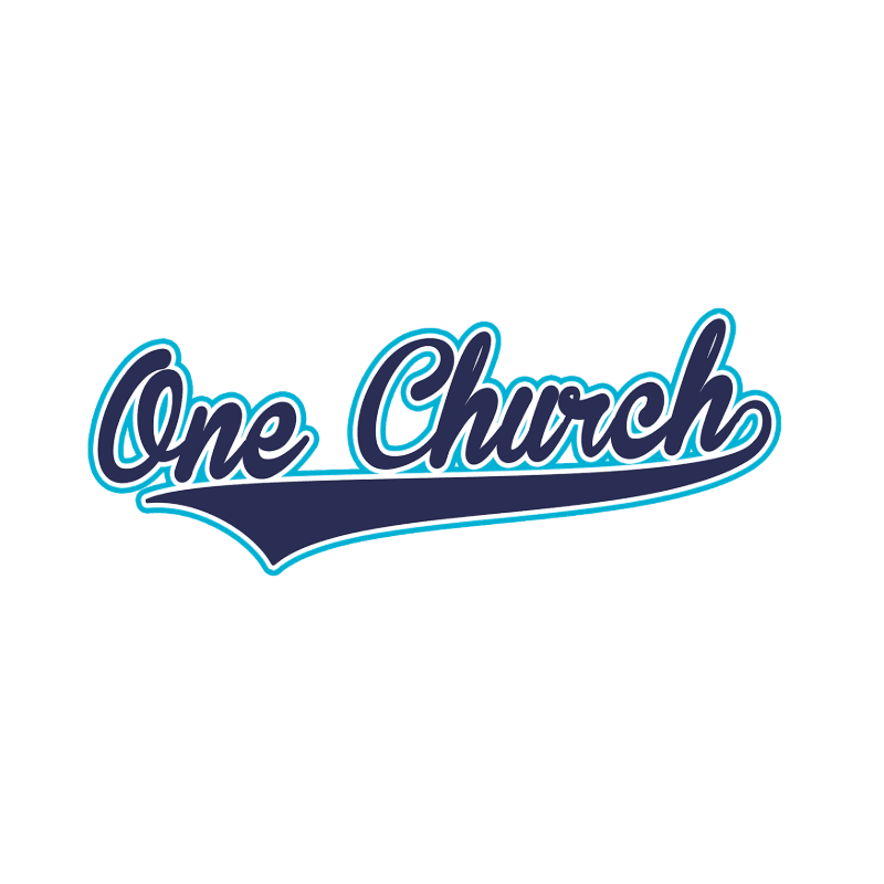 A navy blue and teal cursive font spells out "One Church" on a white background.