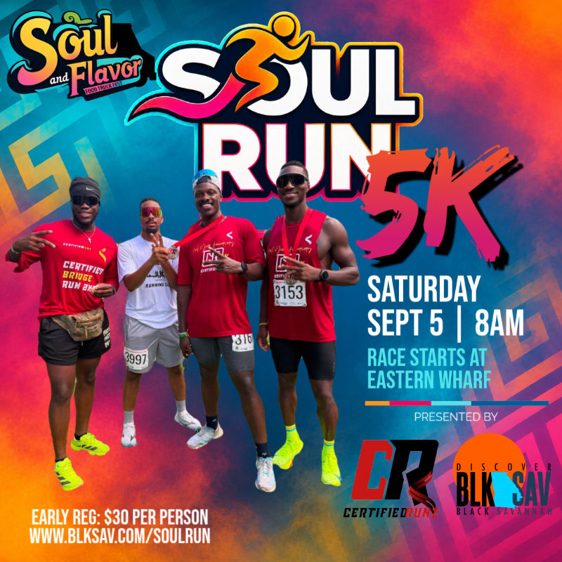 Four men in running attire stand in the foreground with a colorful "Soul Run 5K" event poster in the background.