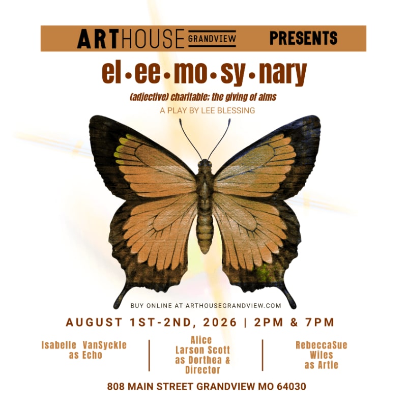 A large butterfly with orange and brown wings is centered on a white background, with play details and cast information surrounding it.
