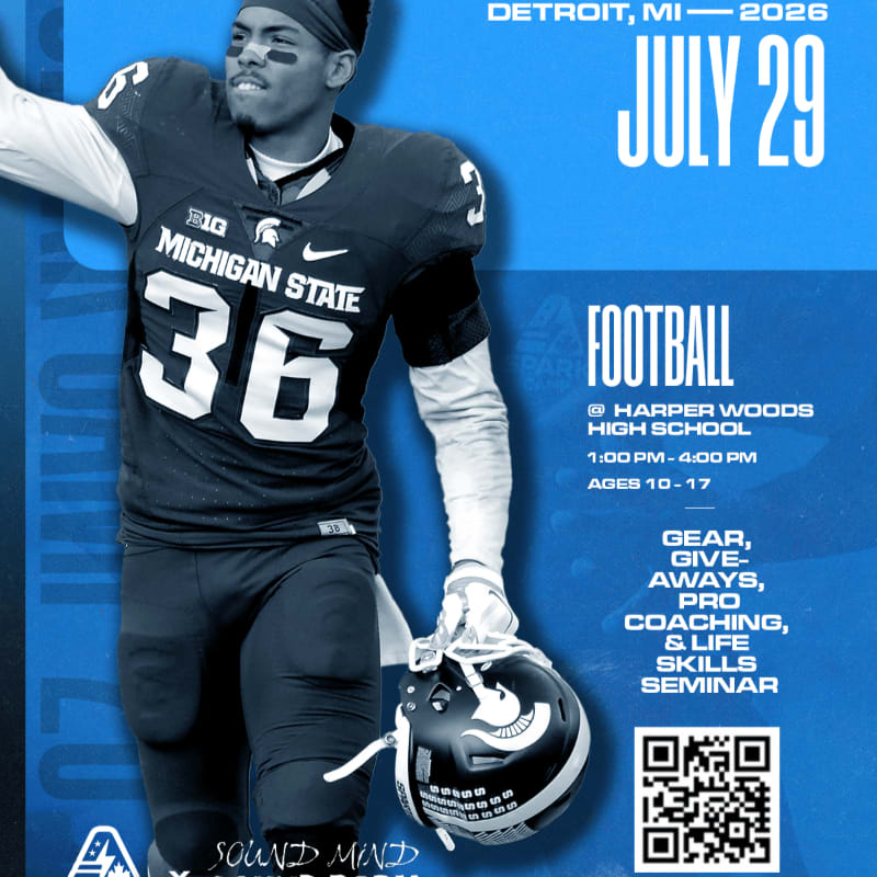 A Michigan State football player in uniform is featured in the foreground against a blue background with event details for a football seminar.