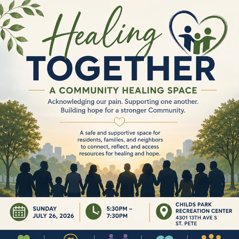A silhouetted group of people holding hands stands in the foreground against a backdrop of trees, a cityscape, and event details for "Healing Together."