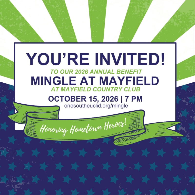 A green and white striped background frames an invitation for the "Mingle at Mayfield" benefit, which features a green ribbon with "Honoring Hometown Heroes!" written on it in front of a blue star pattern.