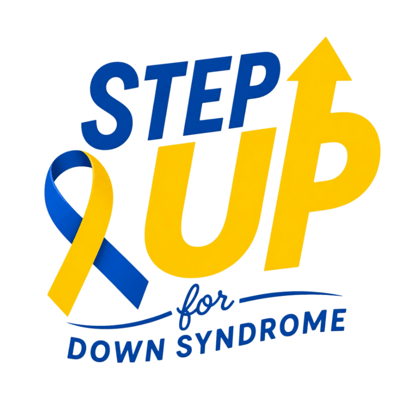 A blue and yellow ribbon forms the "S" in "STEP UP" which is written in large blue and yellow letters, with "for DOWN SYNDROME" in smaller blue text below, all against a white background.