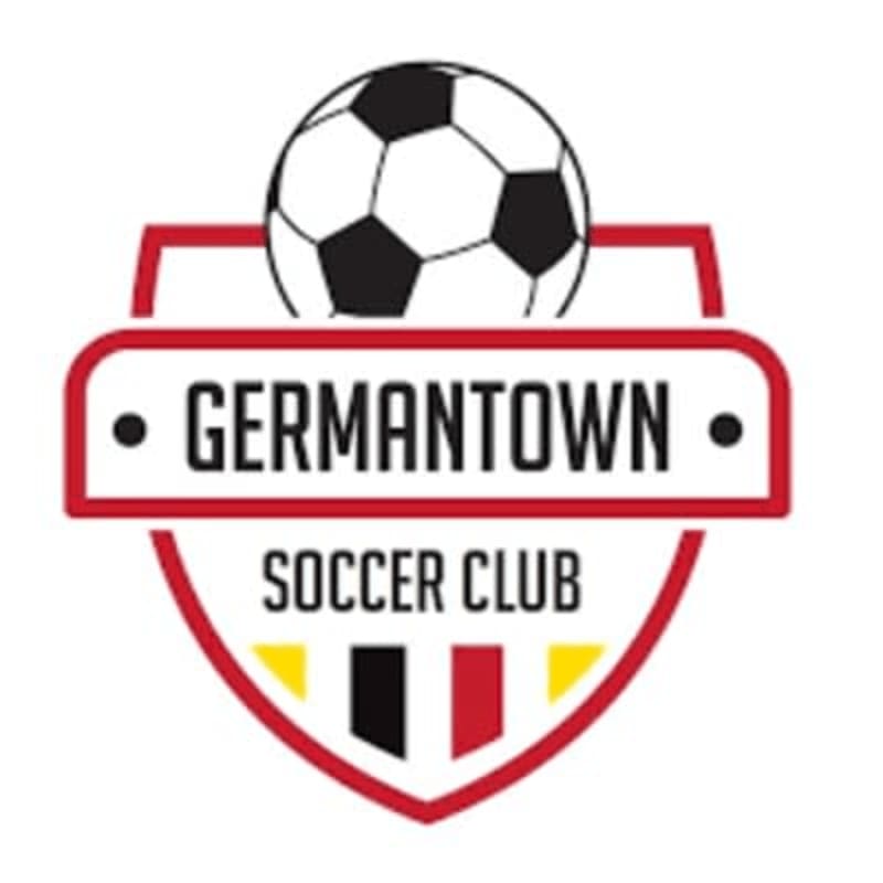 A soccer ball rests atop a red shield with "GERMANTOWN SOCCER CLUB" written in white text, set against a white background.