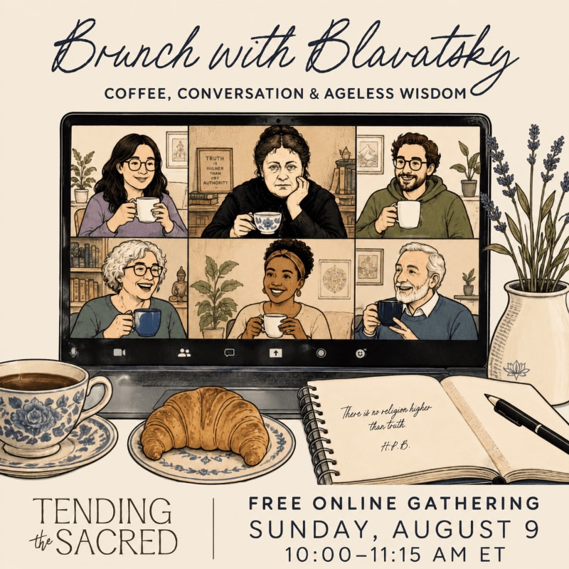 A laptop screen displays six people in a video call, with a croissant, coffee, and an open notebook in the foreground, set against a background of lavender sprigs.