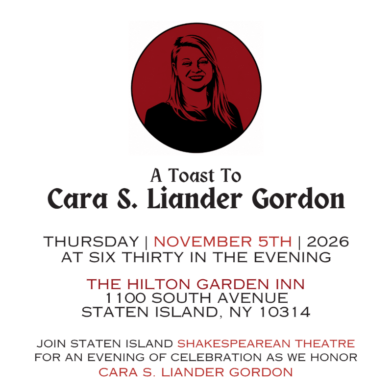 A circular portrait of a smiling woman in a red frame is centered above text announcing a toast to Cara S. Liander Gordon at the Hilton Garden Inn in Staten Island.