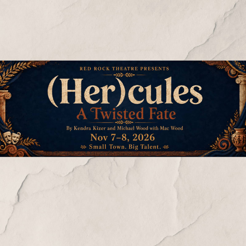 A dark blue banner with ornate gold trim and theatrical masks in the foreground advertises "Hercules: A Twisted Fate" by Red Rock Theatre, with performance dates and a tagline in the background.