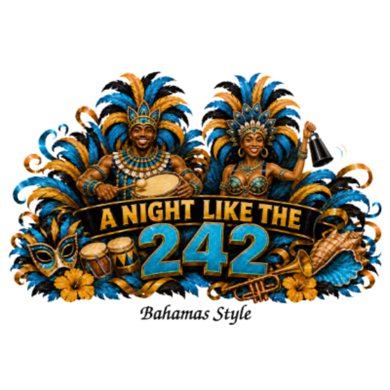 A vibrant graphic features a man and woman in elaborate carnival costumes playing drums and a bell in the foreground, set against a backdrop of colorful feathers, masks, and musical instruments.