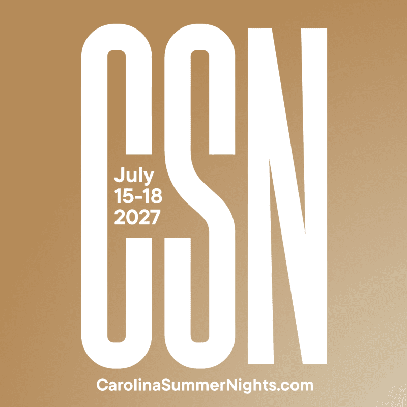 Large white letters spelling "CSN" with "July 15-18 2027" inside the "C" and "CarolinaSummerNights.com" at the bottom are set against a gradient background of light brown to gold.