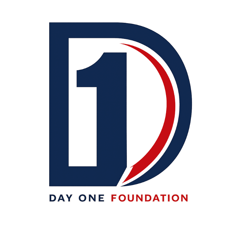 A large, stylized blue "D" with a white "1" inside it is in the foreground, with a red and white curved stripe on the right side of the "D", and the words "DAY ONE FOUNDATION" are below it, all on a white background.