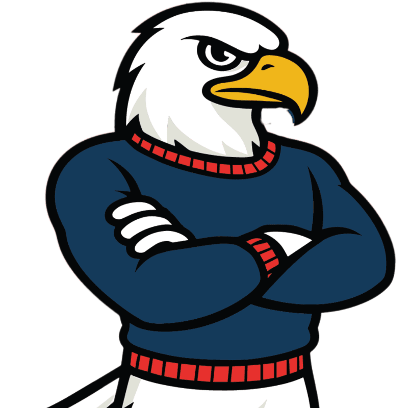 A cartoon eagle with crossed arms and a blue sweater stands against a white background.