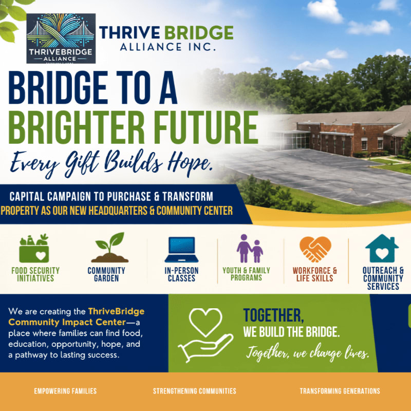 A building with trees in the background is featured in the upper right, while the foreground displays a colorful graphic with text and icons promoting community services.