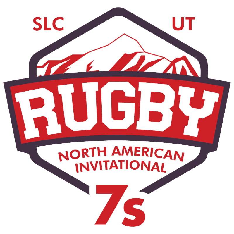 A hexagonal logo with "RUGBY NORTH AMERICAN INVITATIONAL 7s" in the foreground, set against a background of stylized mountains and the text "SLC UT".