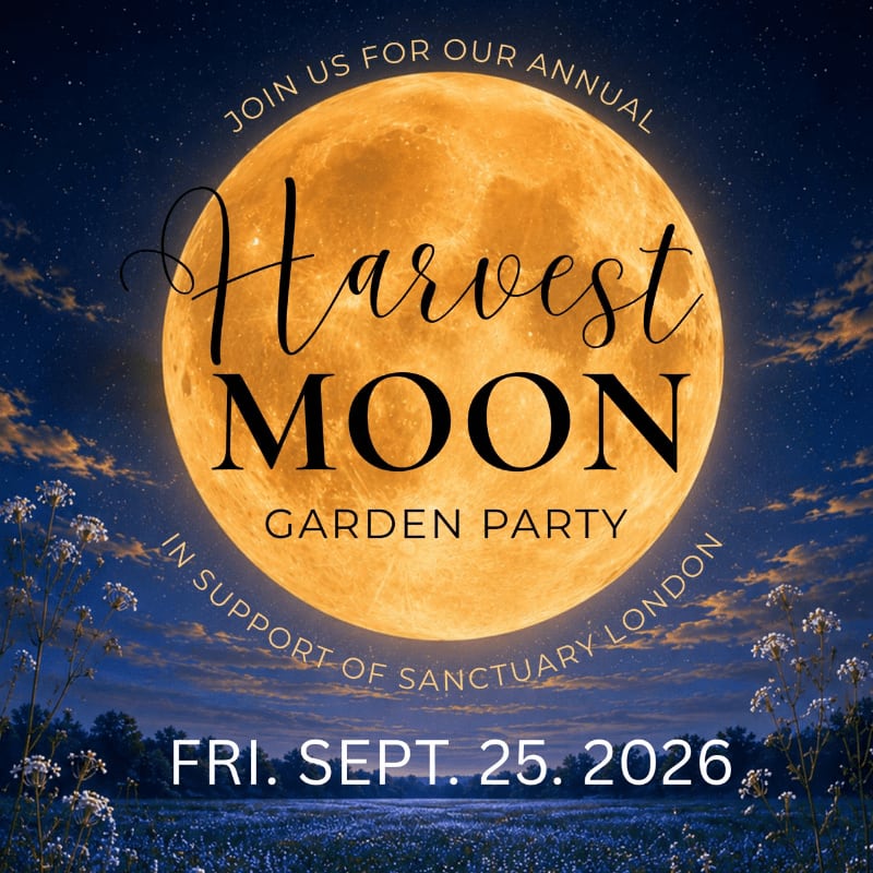 A large, glowing harvest moon dominates the night sky above a field of wildflowers, advertising a garden party on Friday, September 25, 2026.